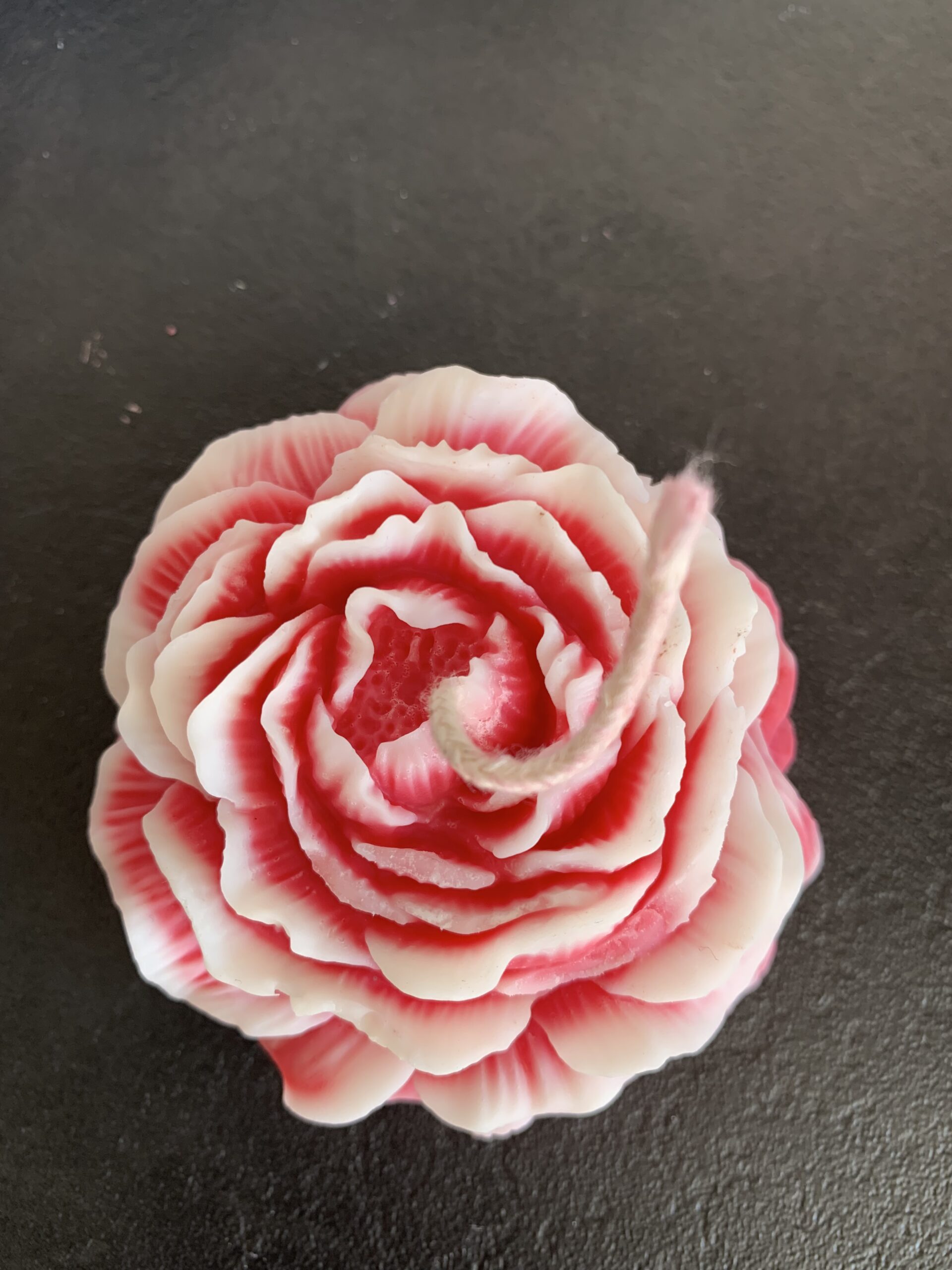 Bougie moulée en forme de pivoine bicolore rose et blanc, vue du dessus, avec mèche en coton, posée sur fond noir.