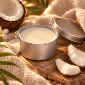 Bougie de massage parfum coco enrichie à l’huile de coco Auréa des Sens dans une ambiance spa douce et naturelle
