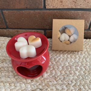 Coffret saint-valentin rouge passion :Brûle-parfum rouge cœur avec fondants en forme de cœur et boîte de fondants 50 g – Coffret Ambiance Rouge Passion