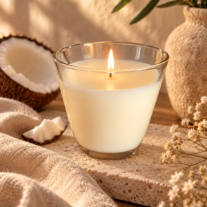 Bougie parfumée artisanale en verre légèrement fumé Auréa des Sens dans une ambiance méditerranéenne chaleureuse