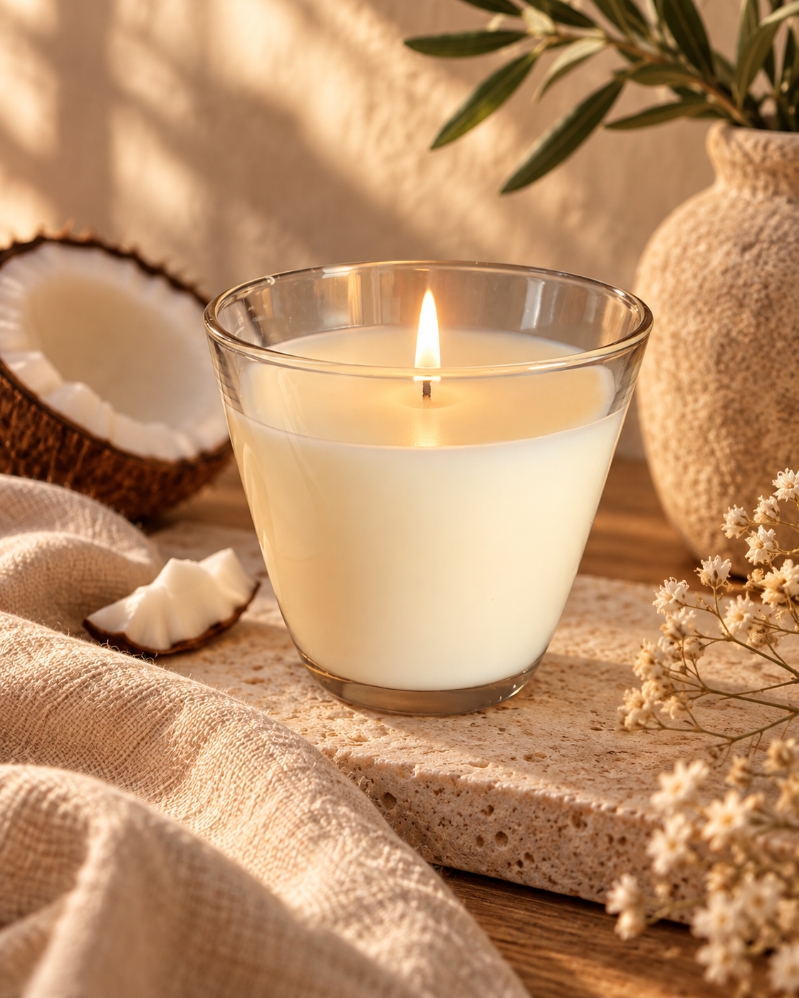 Bougie parfumée artisanale en verre légèrement fumé Auréa des Sens dans une ambiance méditerranéenne chaleureuse
