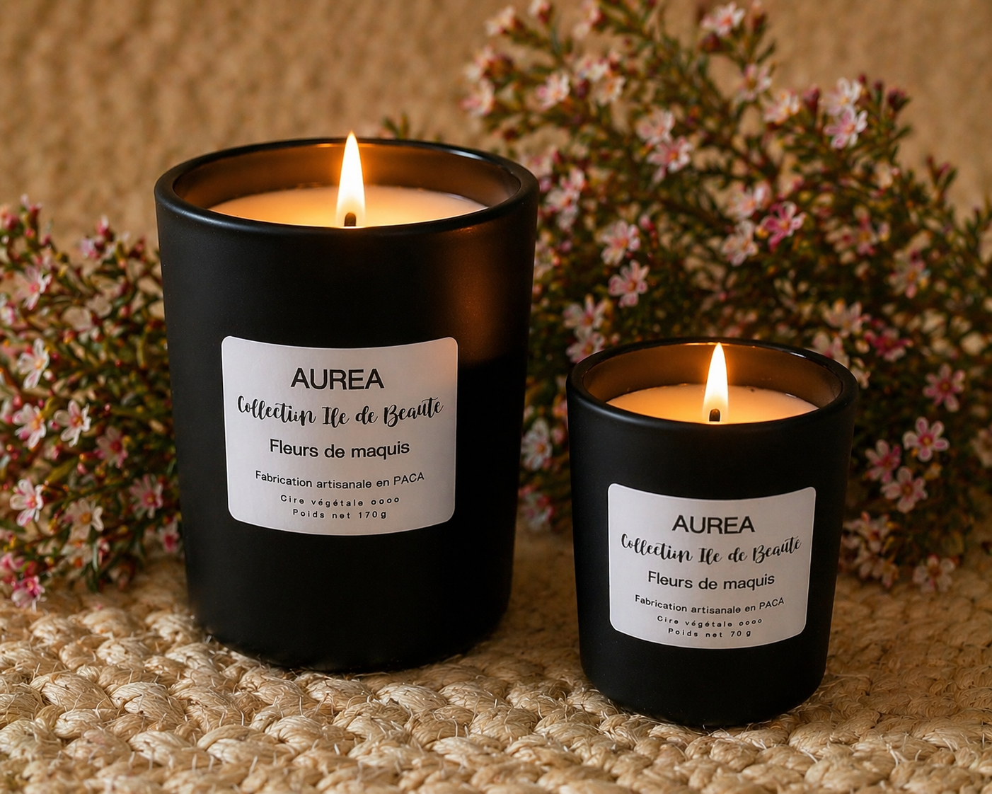bougie île de beauté artisanale verre noir mat 170 g et 70 g