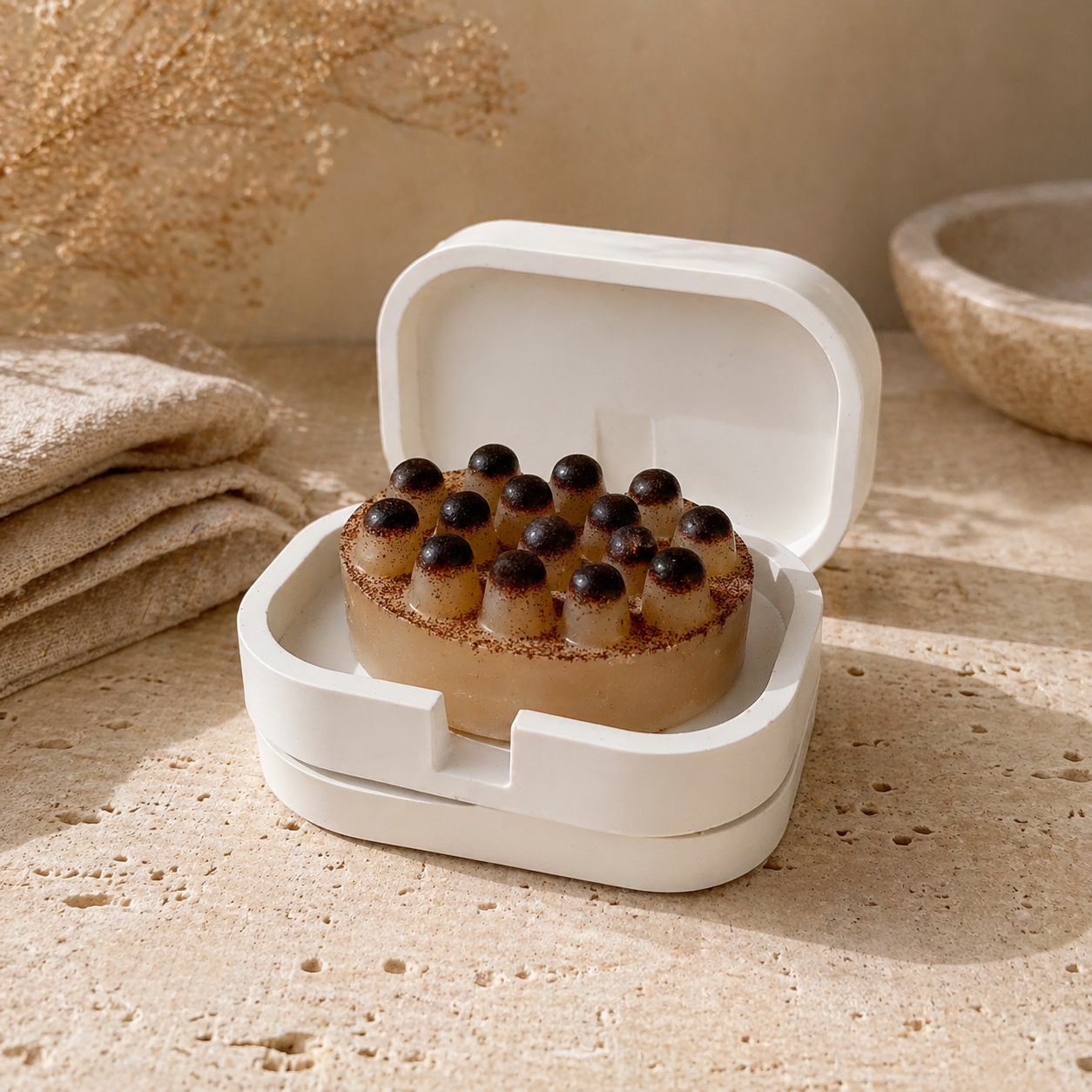 porte-savon-jesmonite-ecru-marbre-avec-savon artisanal