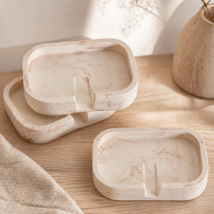 porte-savon jesmonite écru marbré beige et marron clair artisanal