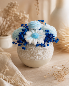 Bouquet parfumé Poudre de riz en vase beige céramique avec fleurs en cire bleues et blanches