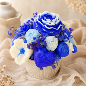 Bouquet parfumé Fleur de coton en vase céramique avec fleurs en cire bleues et blanches