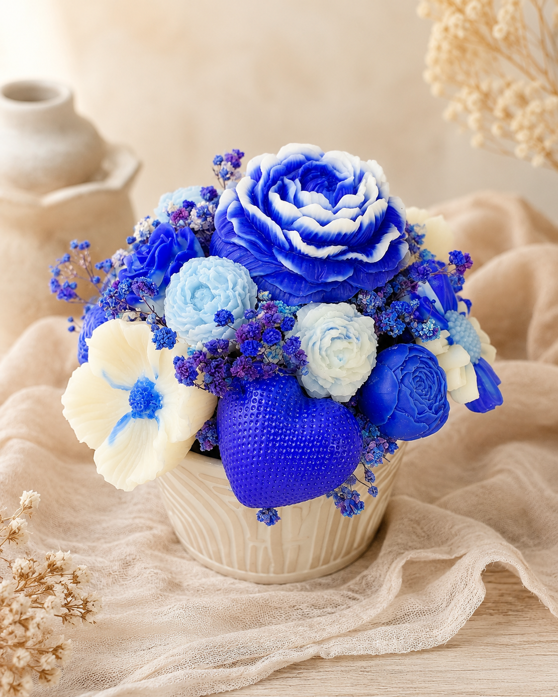 Bouquet parfumé Fleur de coton en vase céramique avec fleurs en cire bleues et blanches