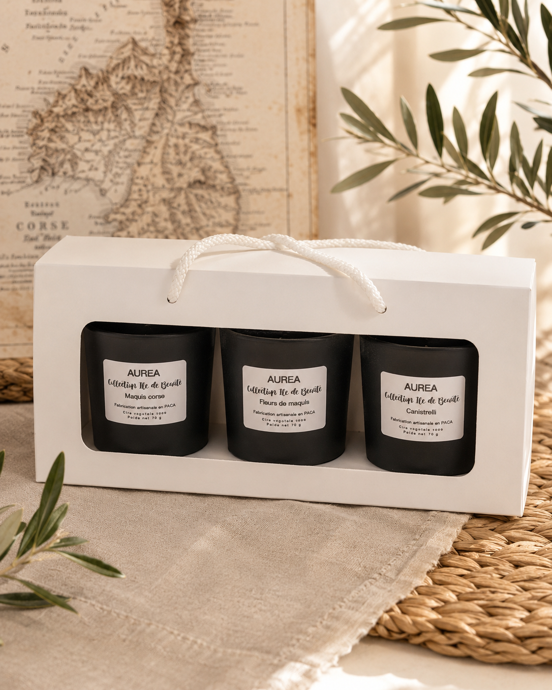 Coffret bougie Corse Trio Île de Beauté avec trois bougies 70 ml