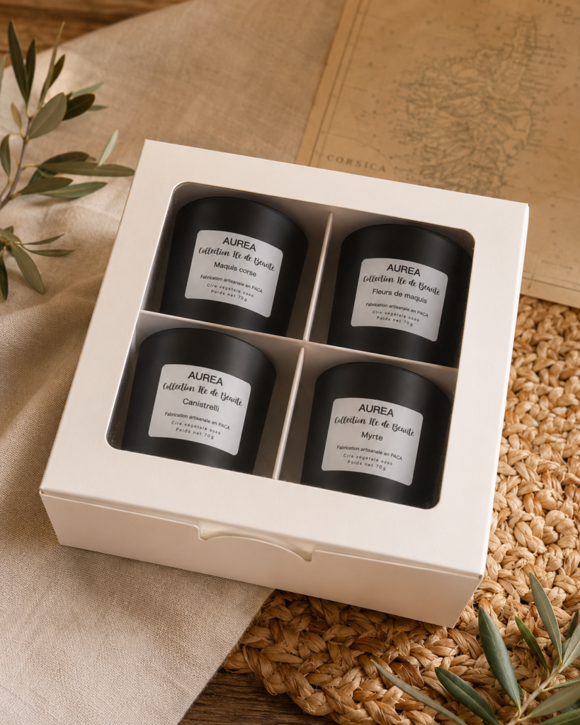 Coffret bougie Corse Île de Beauté Auréa des Sens avec quatre bougies parfumées 70 ml