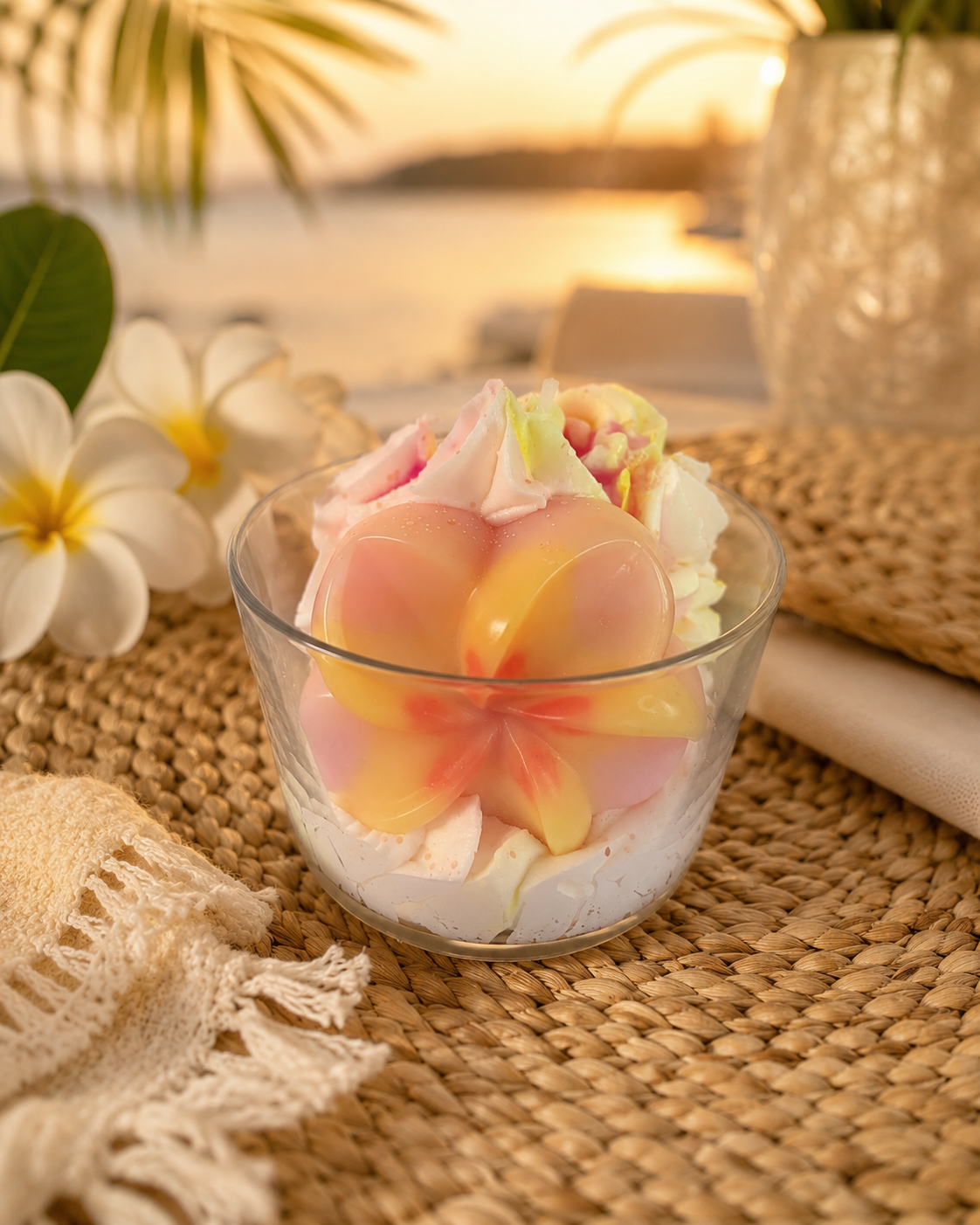 Bougie parfumée Monoï gourmande dans une ambiance solaire et tropicale