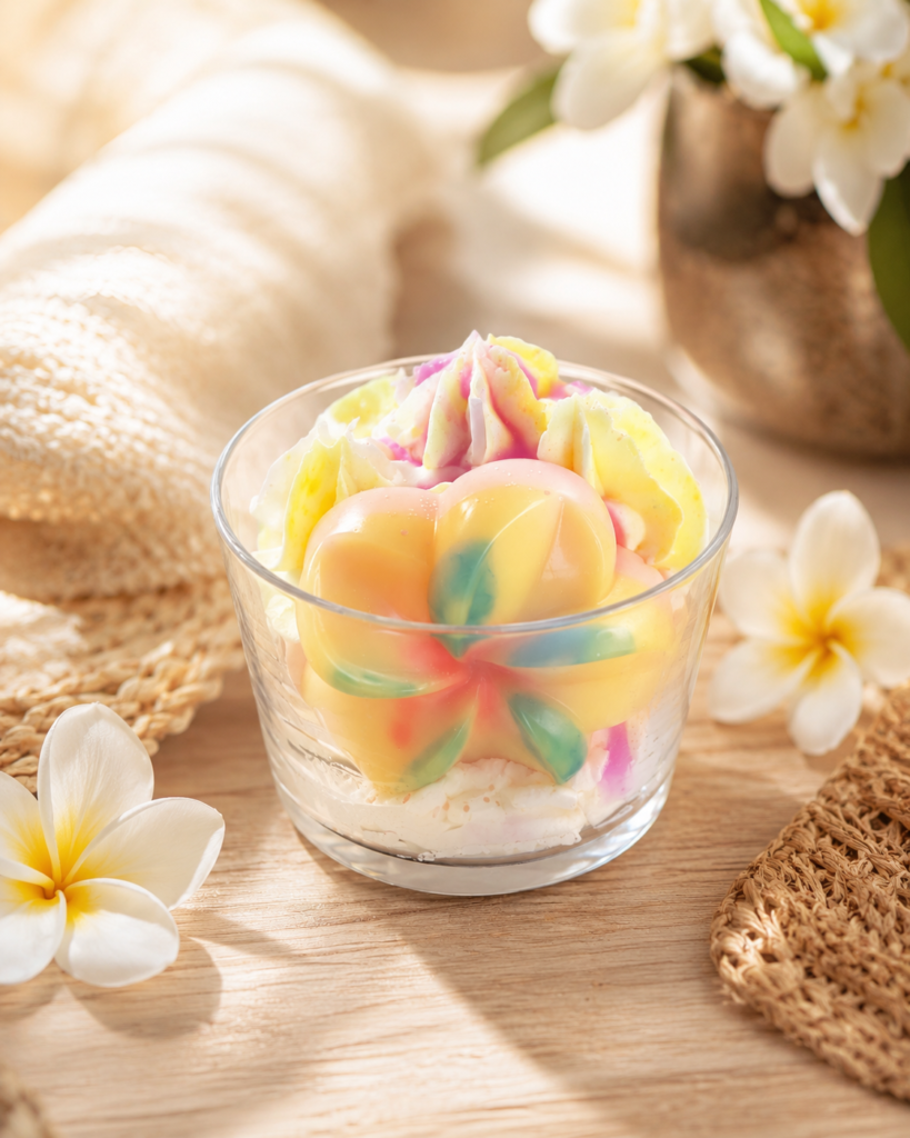 Bougie gourmande Monoï artisanale avec fleur en cire et décor estival