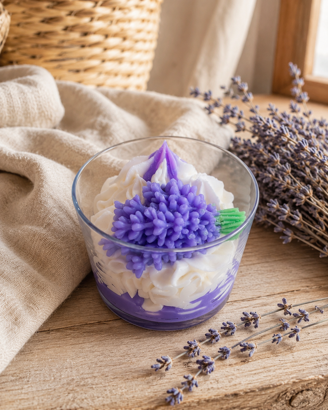 Bougie parfumée lavande gourmande dans une ambiance douce et provençale