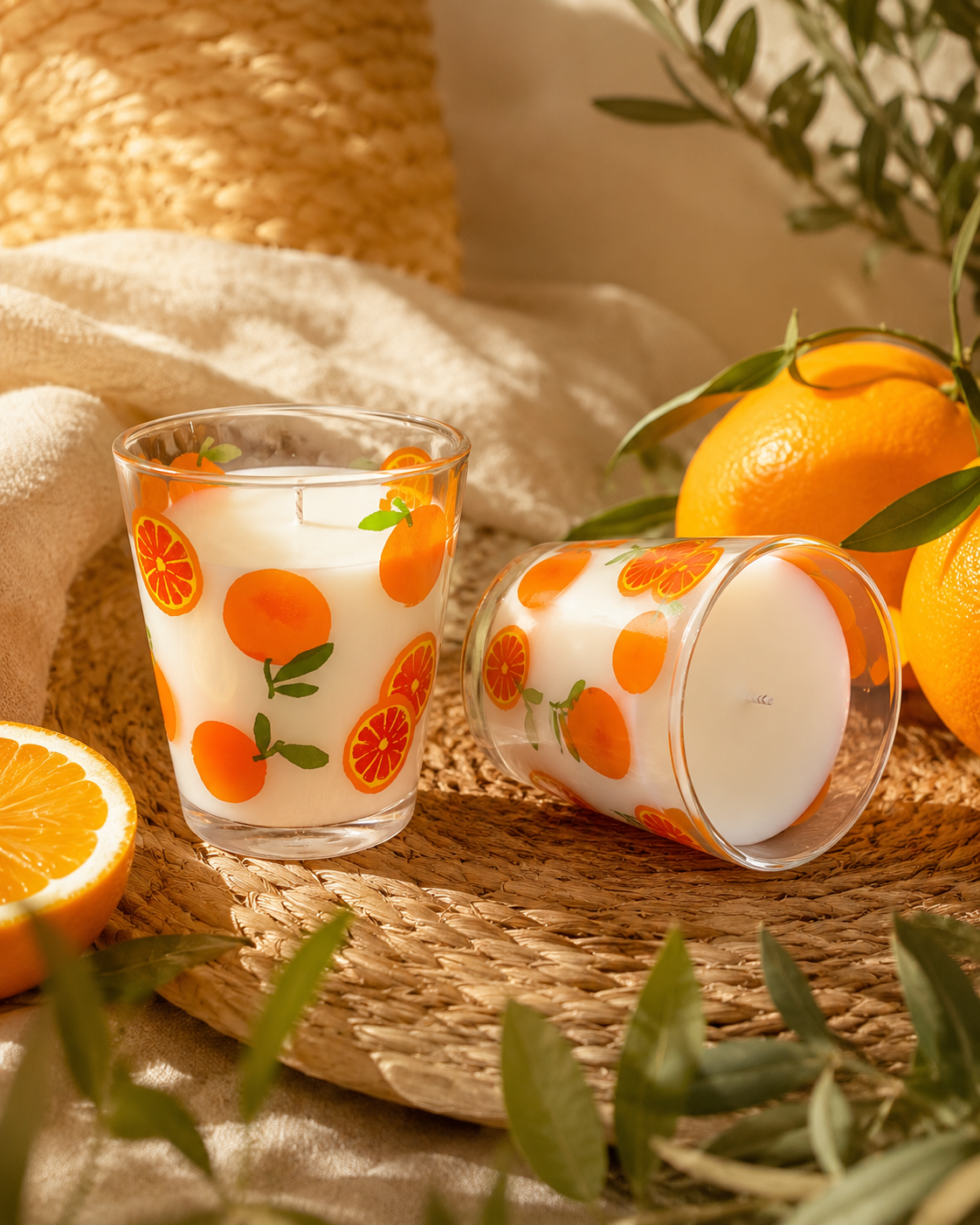 Bougie parfumée Agrumes & Sauge 220 ml avec verre décoré d’oranges sur fond chaleureux méditerranéen