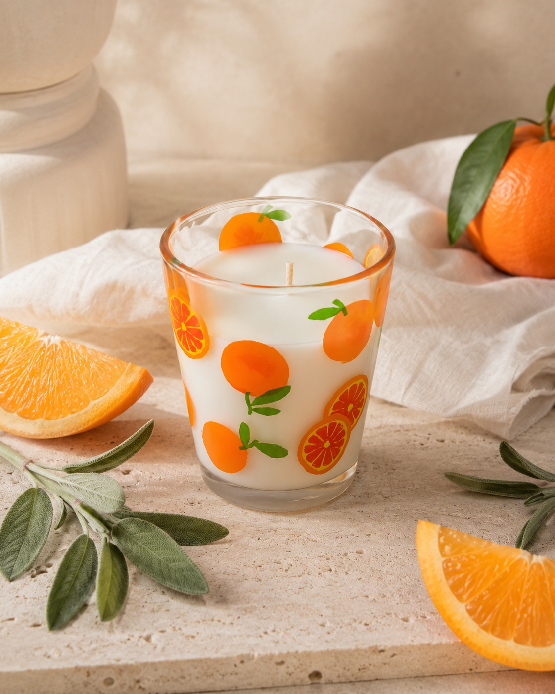 Bougie agrumes et sauge artisanale 220 ml avec orange fraîche, sauge et décor lumineux naturel
