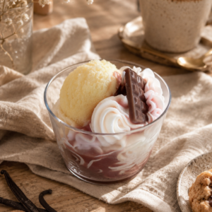 Bougie gourmande vanille Ice Cream avec décor chantilly et tablette chocolat