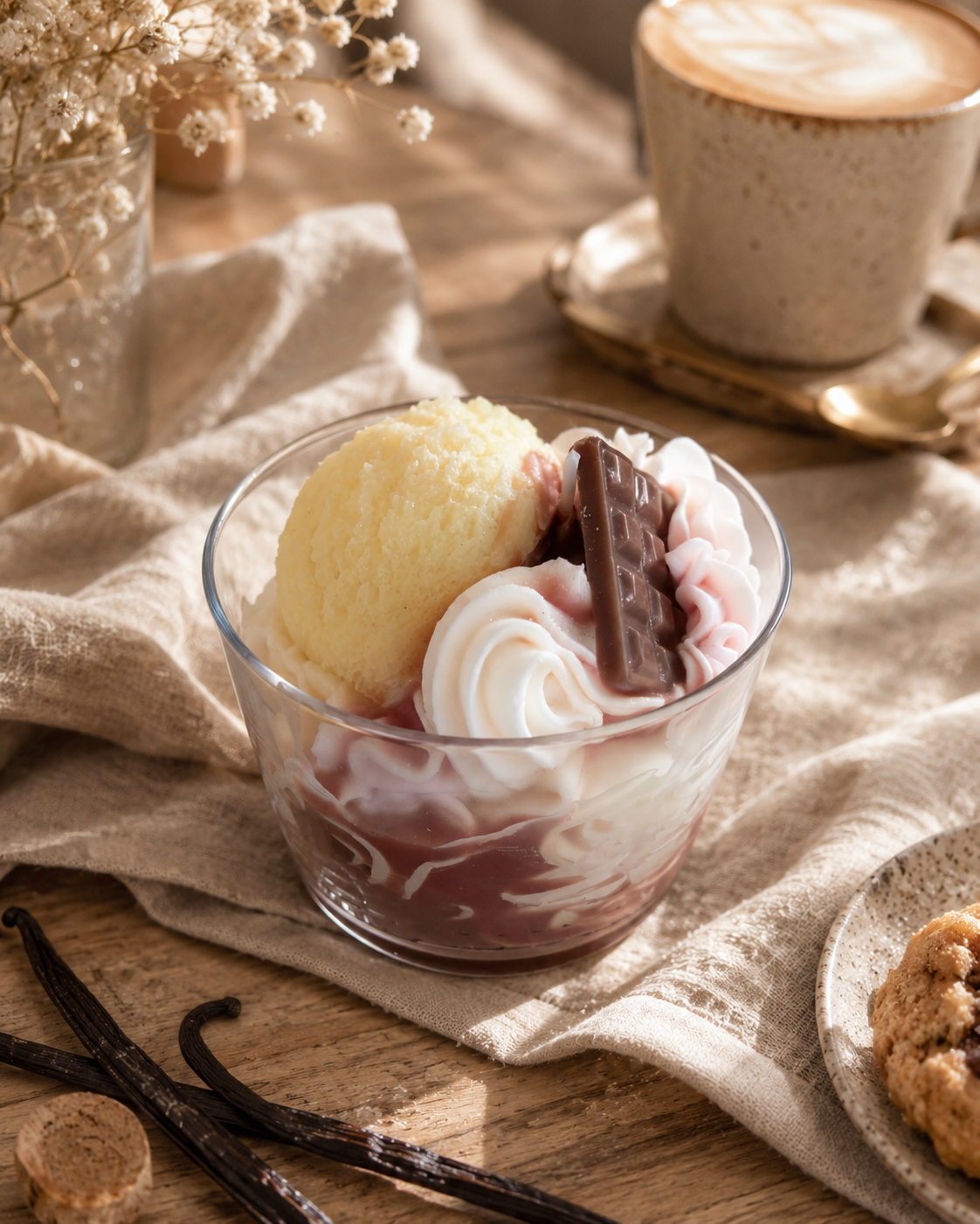 Bougie gourmande vanille Ice Cream avec décor chantilly et tablette chocolat