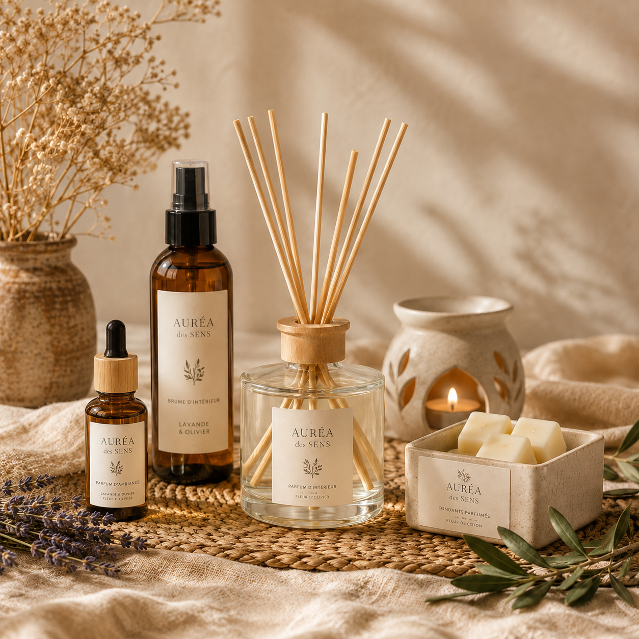 Parfums d’intérieur artisanaux Auréa des Sens avec diffuseur à tiges, brume parfumée, liquide parfumé pipette, fondants et brûle-parfum