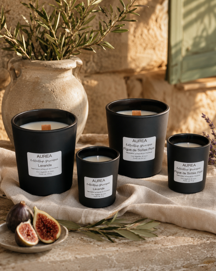 Collection Provence bougies parfumées artisanales Auréa des Sens en verre noir mat