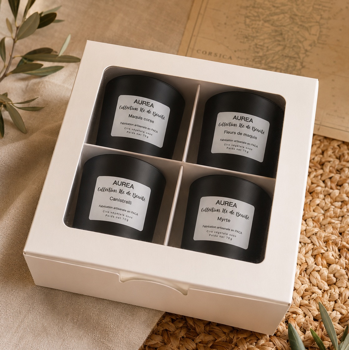 Coffret bougie Corse Île de Beauté Auréa des Sens avec quatre bougies parfumées 70 ml