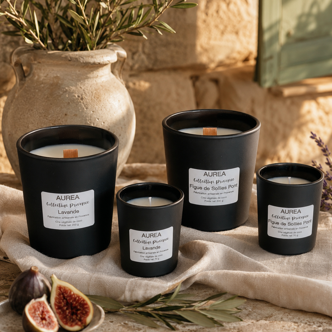 Collection Provence bougies parfumées artisanales Auréa des Sens en verre noir mat