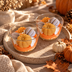 Bougie Velours d’Automne dans une ambiance cocooning avec citrouilles et feuilles d’automne